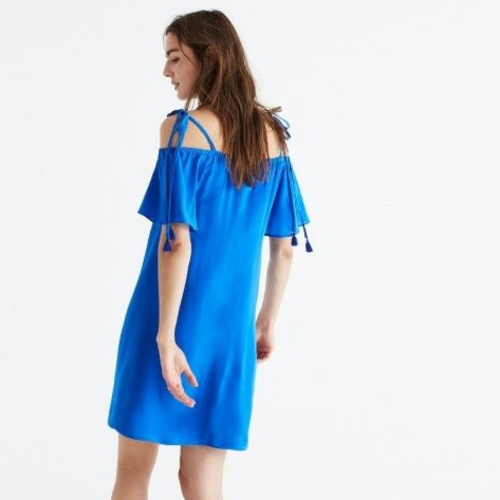 MADEWELL Silk Cold-Shoulder Dress M NWT $155 BLUE